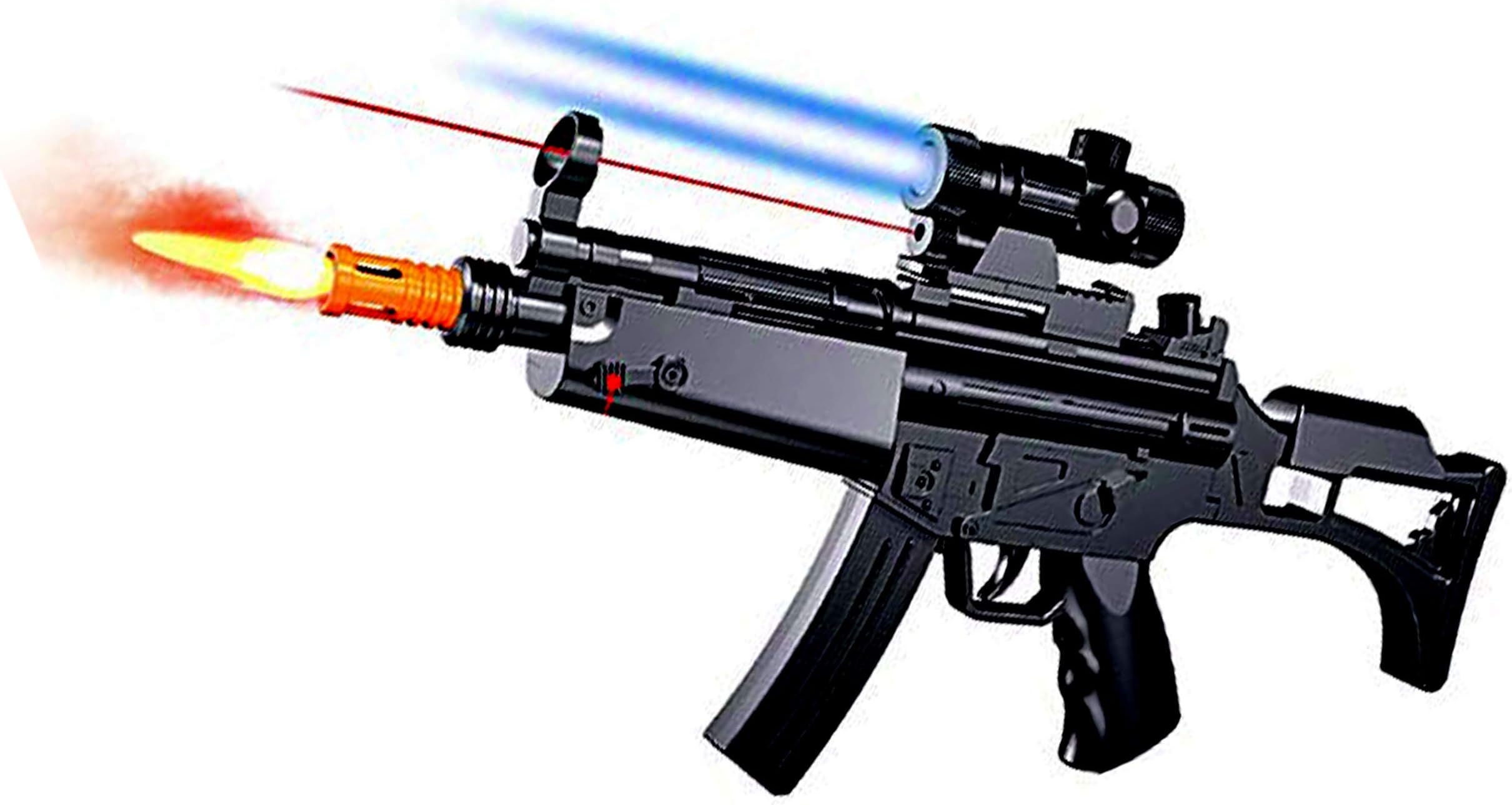 TOYMANIA Musical Army Style MP5 Toy Gun for Kids. | with Wonderful Smoke Effect, ULTRASONIC Laser Light and Powerful Vibration. | Colorful Light Effects and Sound. | Big Size (38 CM) | Black Color.