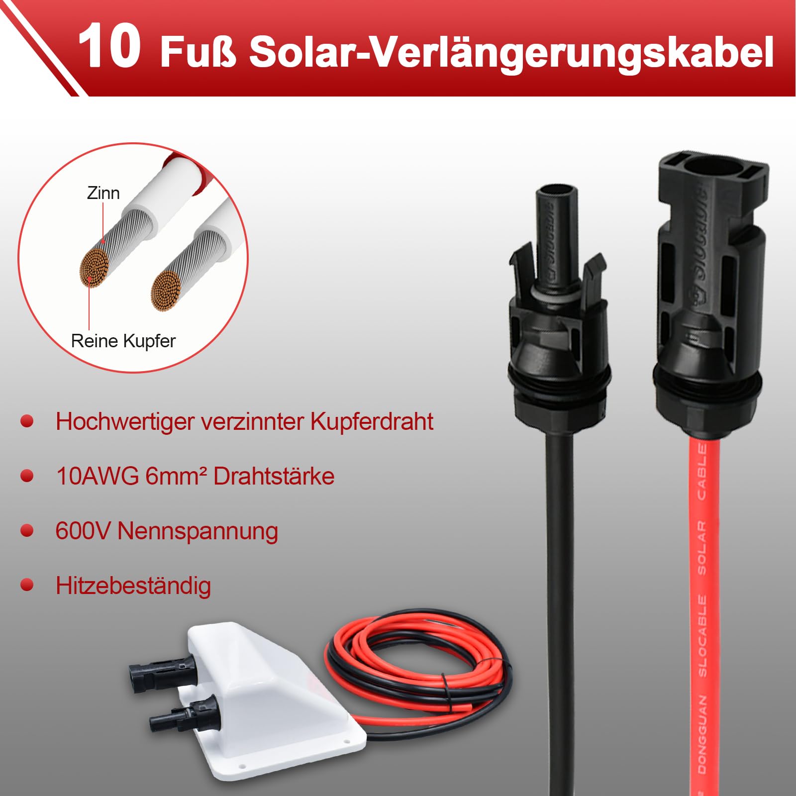 Carcasa de entrada de cable solar doble ABS con cable de cobre suave, resistente a los rayos UV, carcasa de entrada de cable dual para RV, barco, autocaravana (10 pies, 6 mm², color blanco)