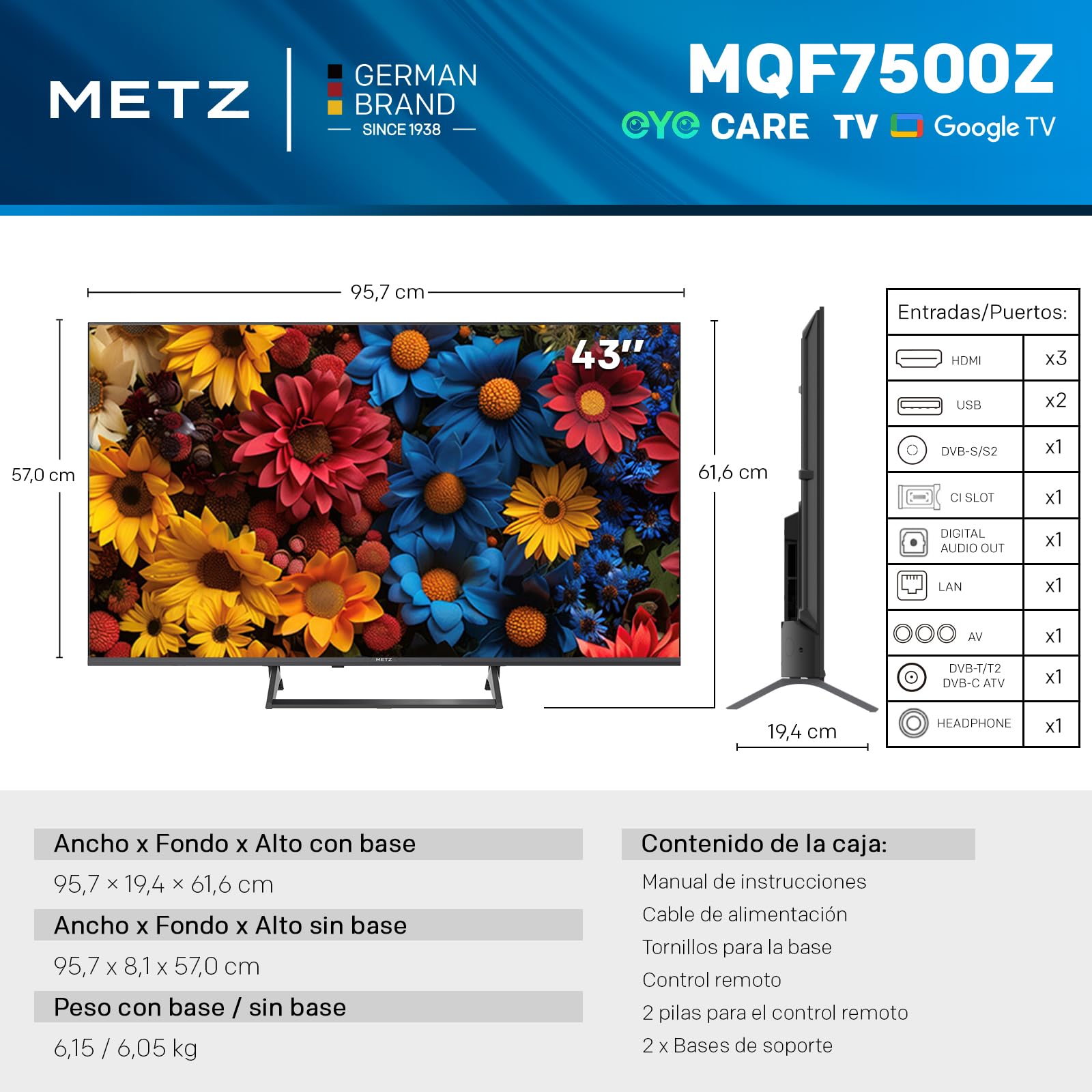 Metz 43" MQF7500Z QLED 4K Google TV, 5th Gen QLED, Smart TV, HDR10+, Dolby Vision & Atmos, 120Hz Mode, MEMC, Game Hub, AI TV, Google Cast, Cuidado Ocular, Asistencia Visual, 2025