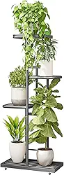 LINZINAR Suporte para plantas de metal 4 níveis 5 vaso de vaso de flores múltipla prateleira interior exterior plantador display estante para pátio jardim canto varanda sala de estar (4 camadas 5 vasos, cinza escuro)