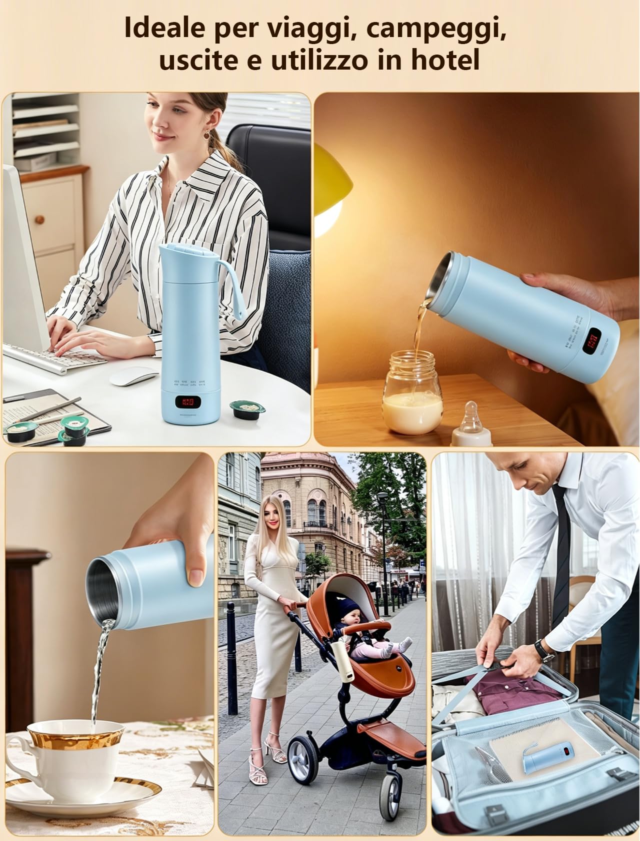 Scaldabiberon per bambini, con batteria da 8000 mAh, 6 livelli di temperatura da 38 a 50 °C, indicatore LED e luce notturna, portatile, funzione di ricarica USB, per viaggi e casa (beige)