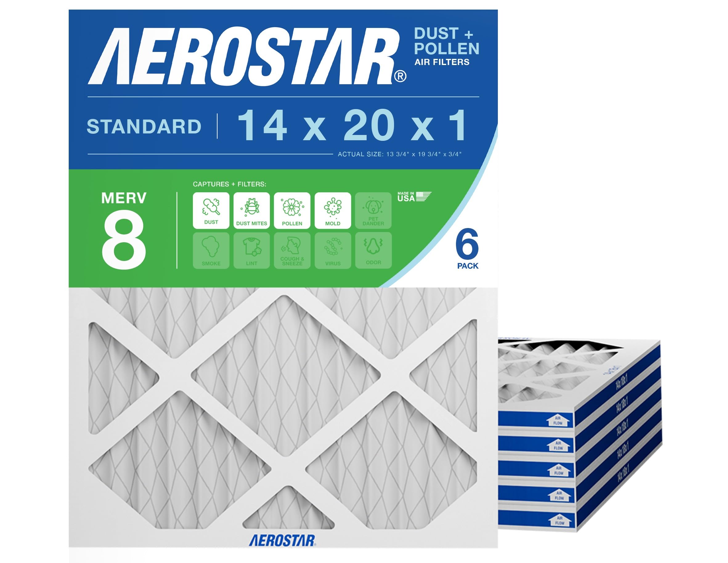 Aerostar 14x20x1 MERV 8 - 6 Count - High Efficiency Pleated HVAC, Furnace & Air Conditioner Filters - Removes Dust, Lint, Mold & Allergy-Causing Pollen