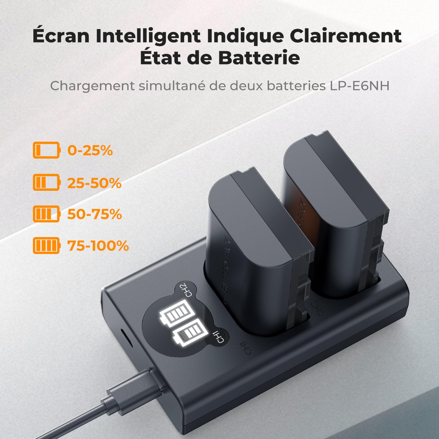 K&F Concept LP-E6NH Batterie 2600mAh Haute Capacité Double Fentes Écran LCD Chargeur Compatible avec Canon EOS R7 R6 R5 5D Mark II/III/IV 6D 6D Mark II 7D II 90D 80D 70D Caméras
