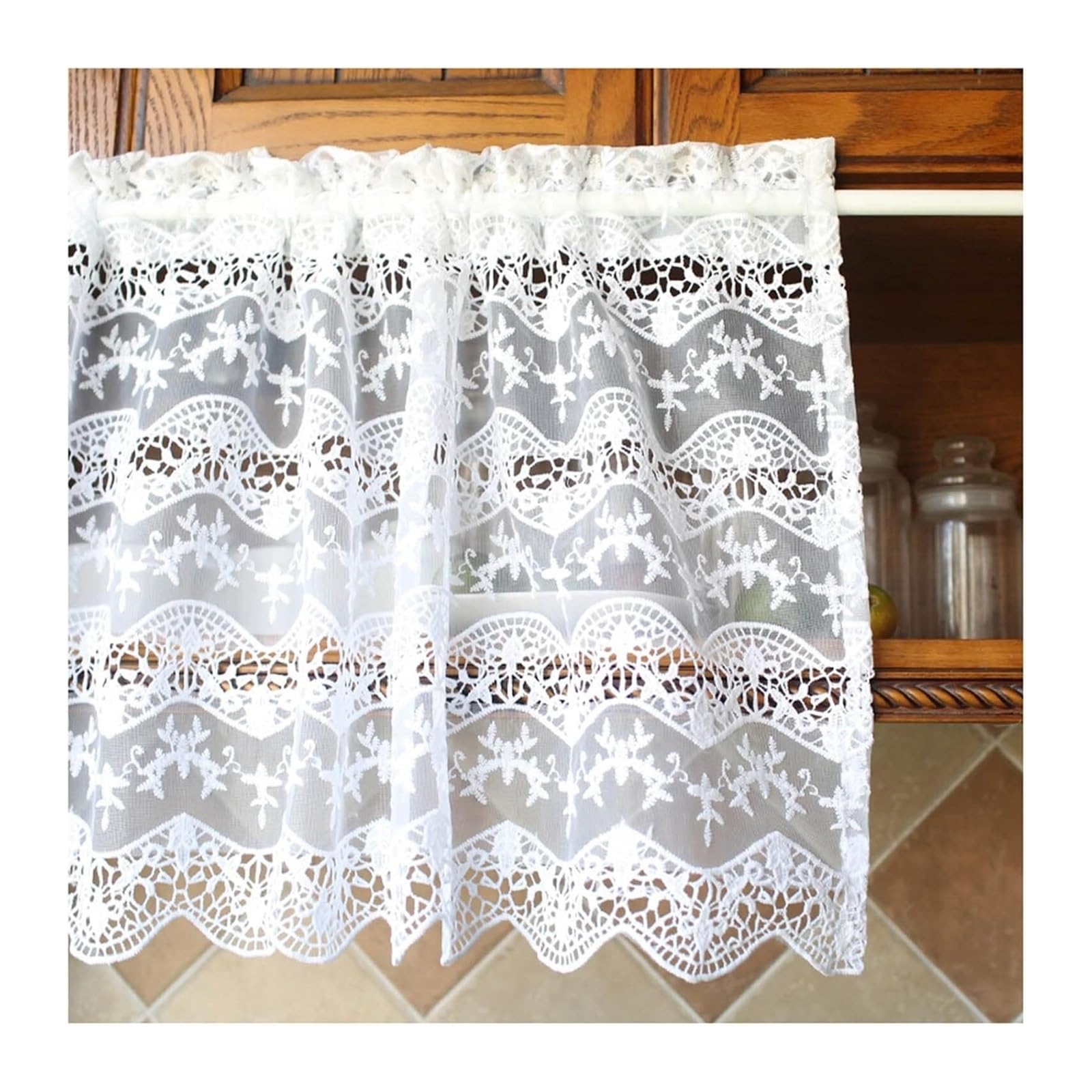 Rideaux en voile blanc et cantonnière en dentelle dentelée 150x114cm