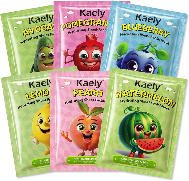 Máscaras faciais em folha Kaely com frutas, Pacote com 6