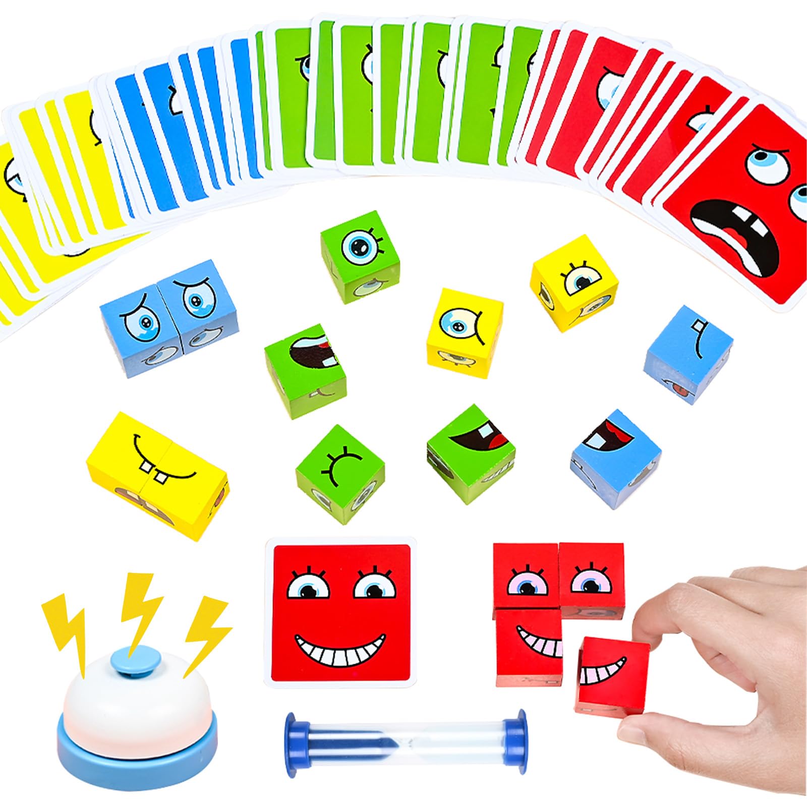 ZUNIPLEX Puzzle de Madera de Expresión Facial,Cubo de Madera,Puzzle de Madera con Caras mágicas para niños a Partir de 3 años,Juego Interactivo con Campana y Reloj de Arena.