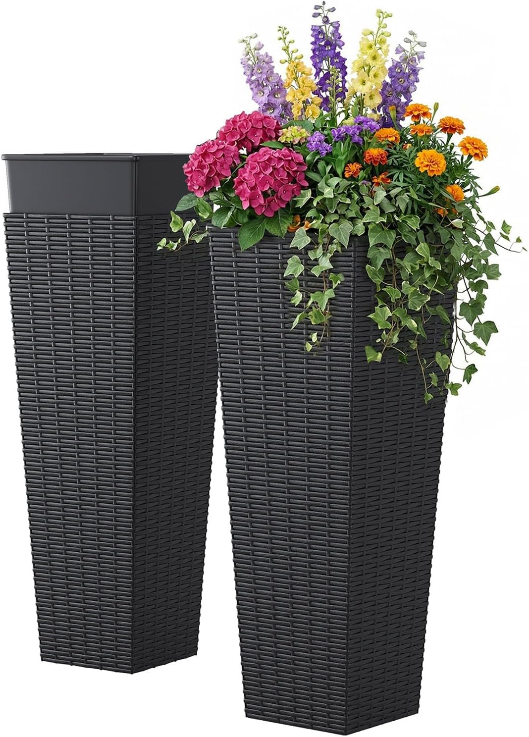 EVLIQUIL 32 Inch Tall Resin Planters Set of 2, Rattan Texture Outdoor & Indoor Flower Pots for Large Plants, Detachable Inner Pot with Leak-Proof Layer & Drainage Holes, Black