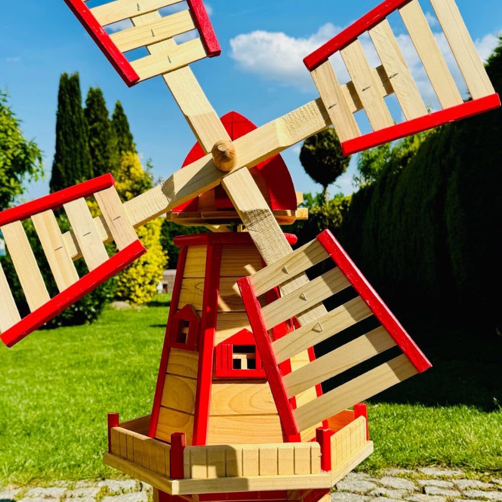 Molino de viento hexagonal para jardín, de madera natural/rojo, altura 93 cm