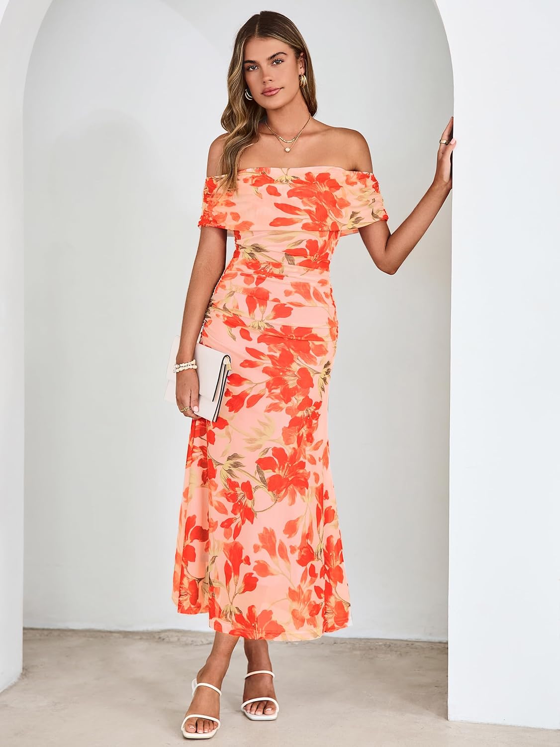 Simplee Womens Summer Floral Off Shoulder Maxi Dress 2026 Spring Ruched Bodycon Formal Wedding Guest Cocktail Dresses