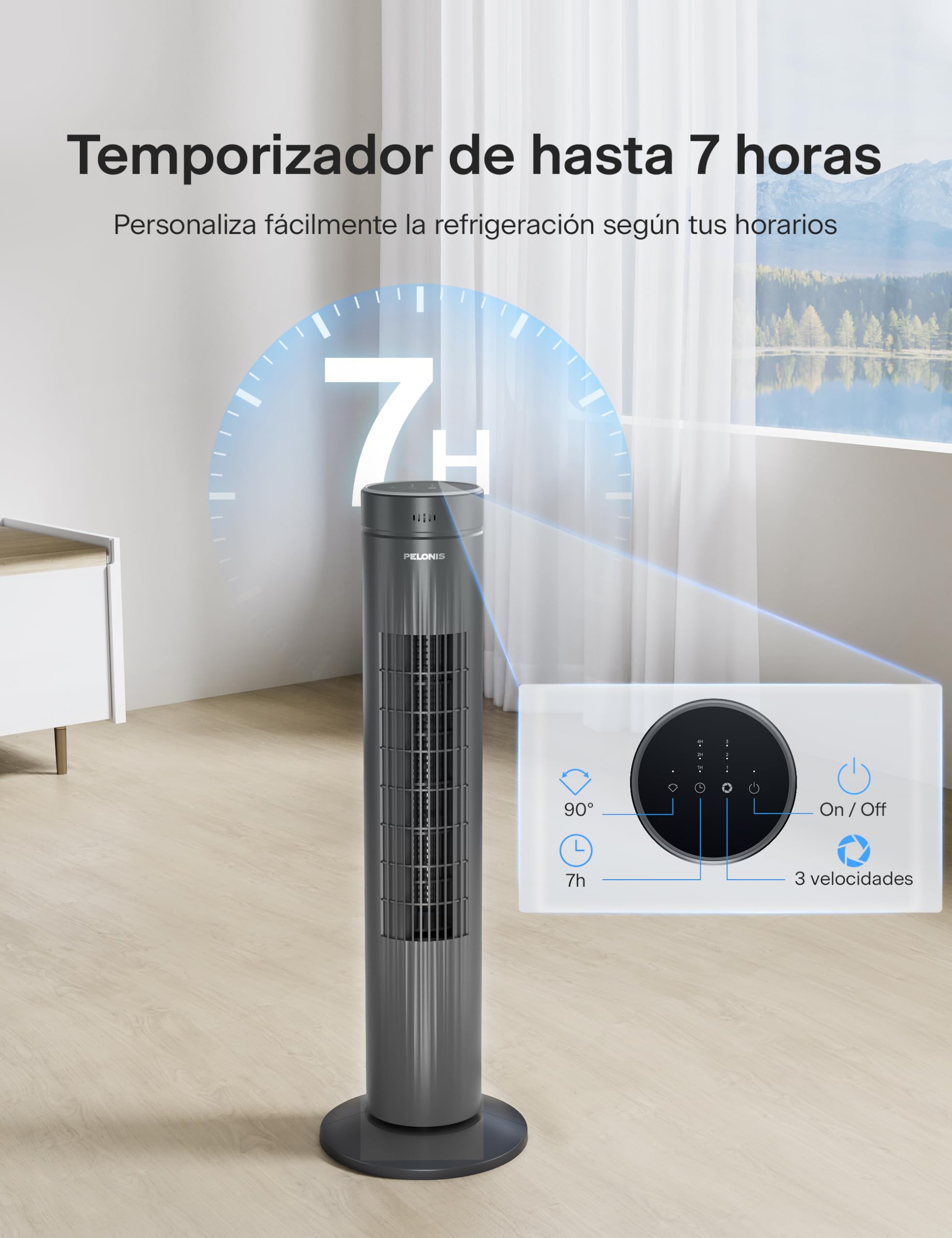 Pelonis 76CM Ventilador de Torre con Mando, 3 Velocidades Ajustables, Enfriamiento Ultra Silencioso, Temporizador de 7 Horas, Perfecto para Hogar, Oficina y Dormitorio