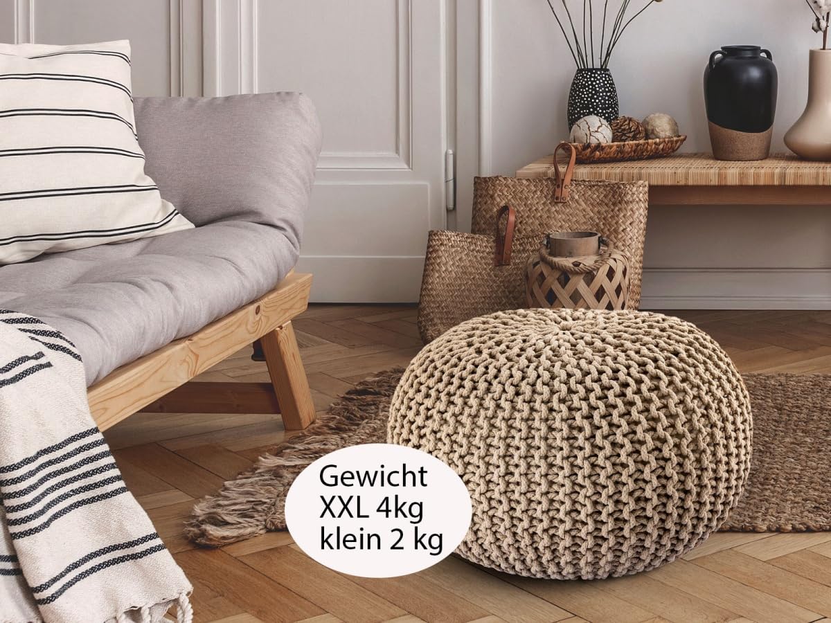 Strickhocker Pouf Ø45 o. 55cm Bodenkissen Sitzpouf XXL Baumwolle nachhaltig Größe ø 55 cm, Farbe beige
