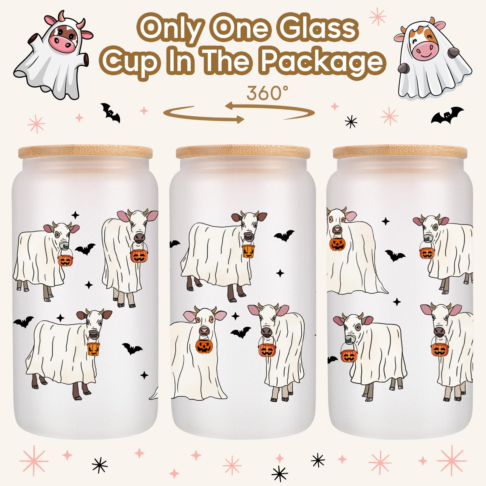 Fairy's Gift Ghost Cow Cute Cups, Halloween Glass Tumbler, 16 oz Spooky Cows Pumpkin Frosted Iced Coffee Cup w/Straw Lid, Boo Basket Stuffers for Boy Cowgirl, Halloween Gifts for Women Cattle Lovers