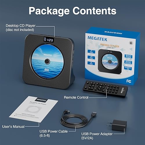 Miniatura 9 de MEGATEK Reproductor de CD portátil Bluetooth para el hogar, reproductor de CD de escritorio con altavoces estéreo, radio FM, USB, pantalla LED,