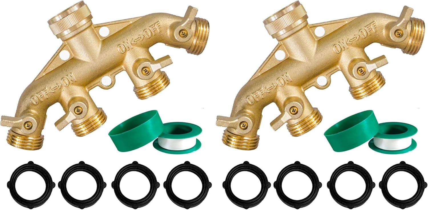 Hourleey Brass Garden Hose Splitter (4 Way), Solid Brass Hose Connector 3/4", Hose Spigot Adapter 4 Valves with 4 Extra Rubber Washers (Pack of 2)