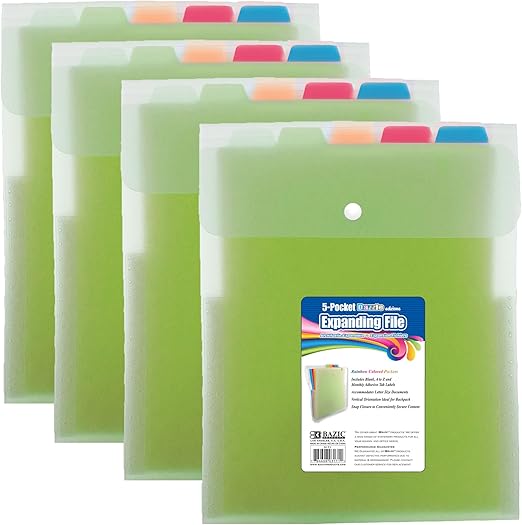 BAZIC Expanding File Folder 5 Pockets w/Tab, Letter Size Plastic File Pocket Folders, Office Supplies Paper Documents Organizer, 4-Pack