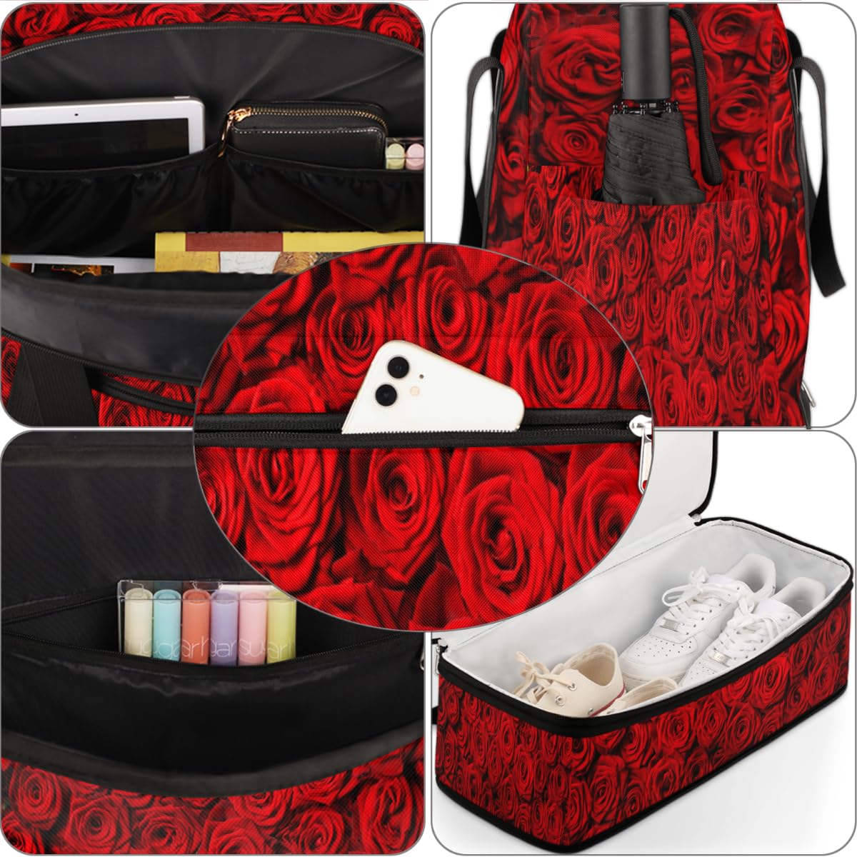 Bolsa de viaje plegable con diseño de rosas rojas de 47 l, bolsa de fin de semana con funda para carrito de transporte, bolsa de hombro separada para deportes, gimnasio, viajes, multicolor, 47L, Bolsa