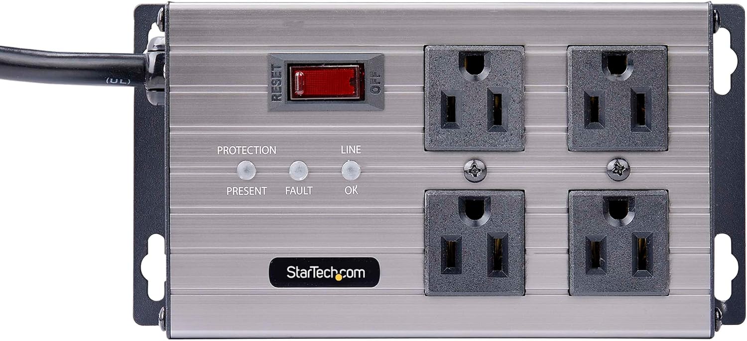 StarTech.com Flat Plug 4-Outlet Heavy Duty Industrial Power Strip 125V/15A with Surge Protector, EMI/RFI Isolation, Mountable PDU, 8ft/2.4m Extension Power Cord, NEMA 5-15P/R, TAA