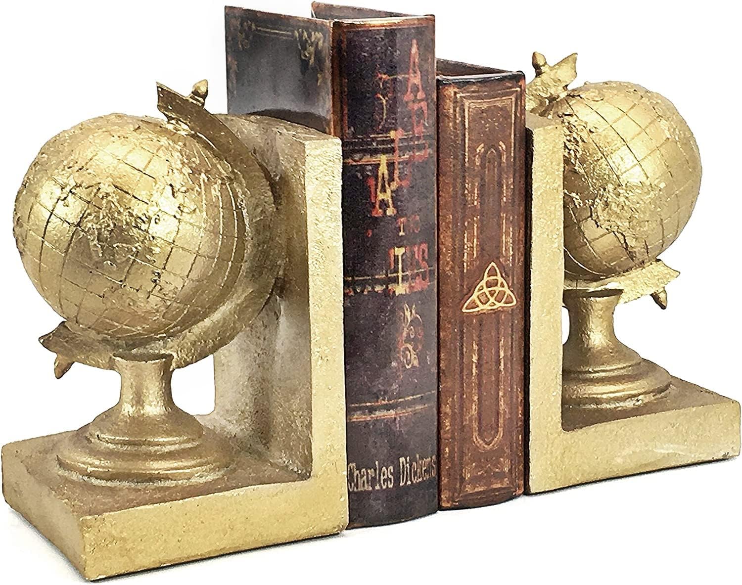 Bellaa 25693 Golden Globe Bookends Decorative Tellurion Antiques Unique Old World Map Rustic Nonskid Book Ends Desk Bookshelf Shelves Stoppers Holder Farmhouse Boho Decor Retro Vintage