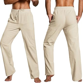 Enjoybuy Men's Linen Drawstring Beach Golf Elastic Waist Spring Long Casual Loose Summer Yoga Cotton Pants, 02-khaki, Large