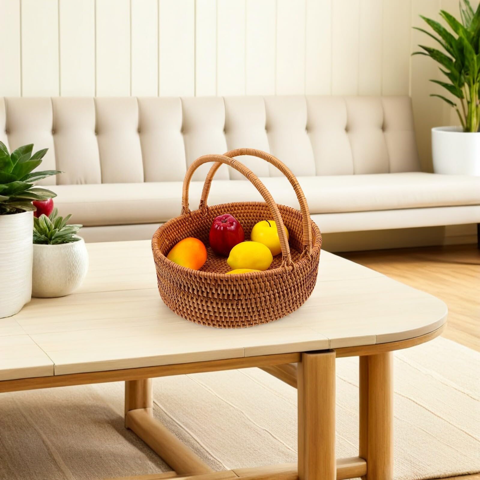 jojofuny Cesta de Ratán Tejida Mano con Asa Cesta de Almacenamiento Natural para Frutas y Picnic Resistente y Fácil de Limpiar para Organización del Hogar y Eventos al Aire
