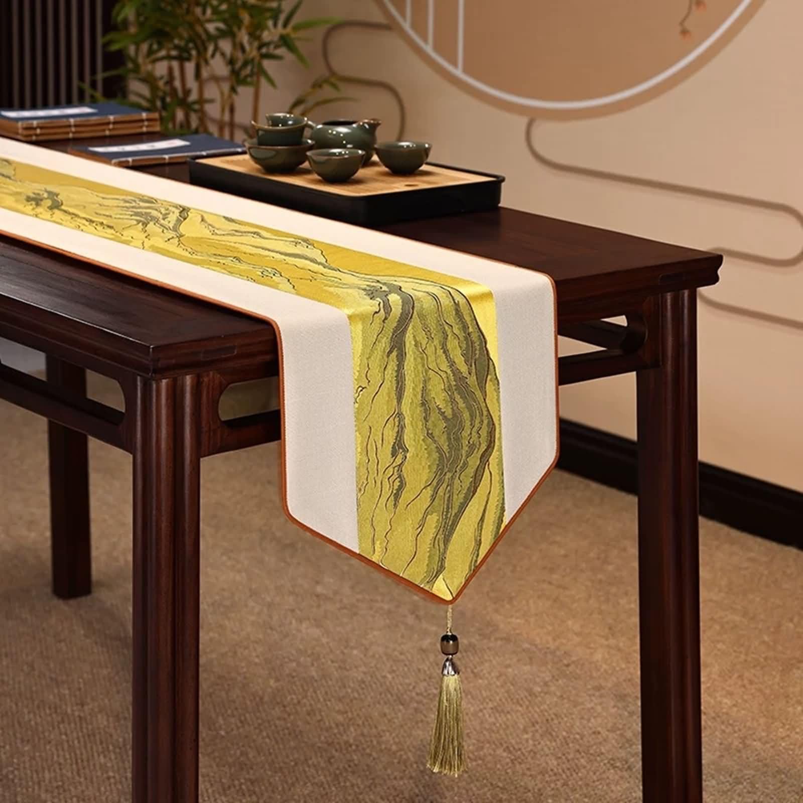 Runner Tavolo Beige Giallo con Motivi Geometrici,Lino,33x200cm