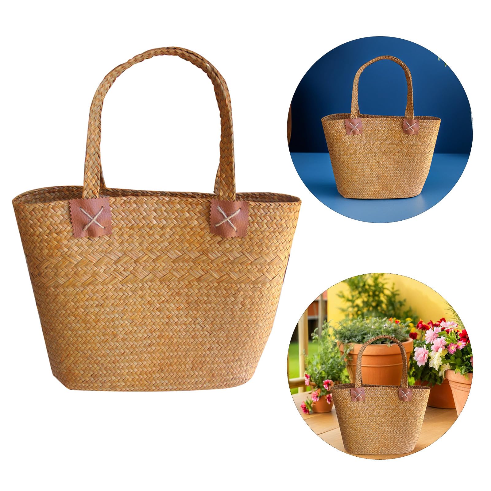 COLLBATH Sac en paille tissée à la main jaune motif floral Petit panier en osier pour pique-nique et plage Sac d'été multifonction pour femme Panier décoratif