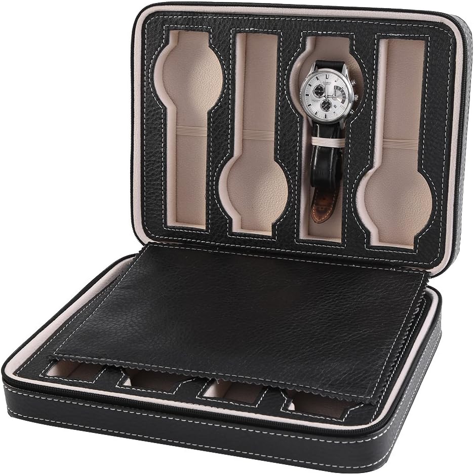 Yosoo 8 Slots Watch Display Box, Zippered Mens Watch Box Jewelry Display Case Portable Travel Collector Storage Organizer Black