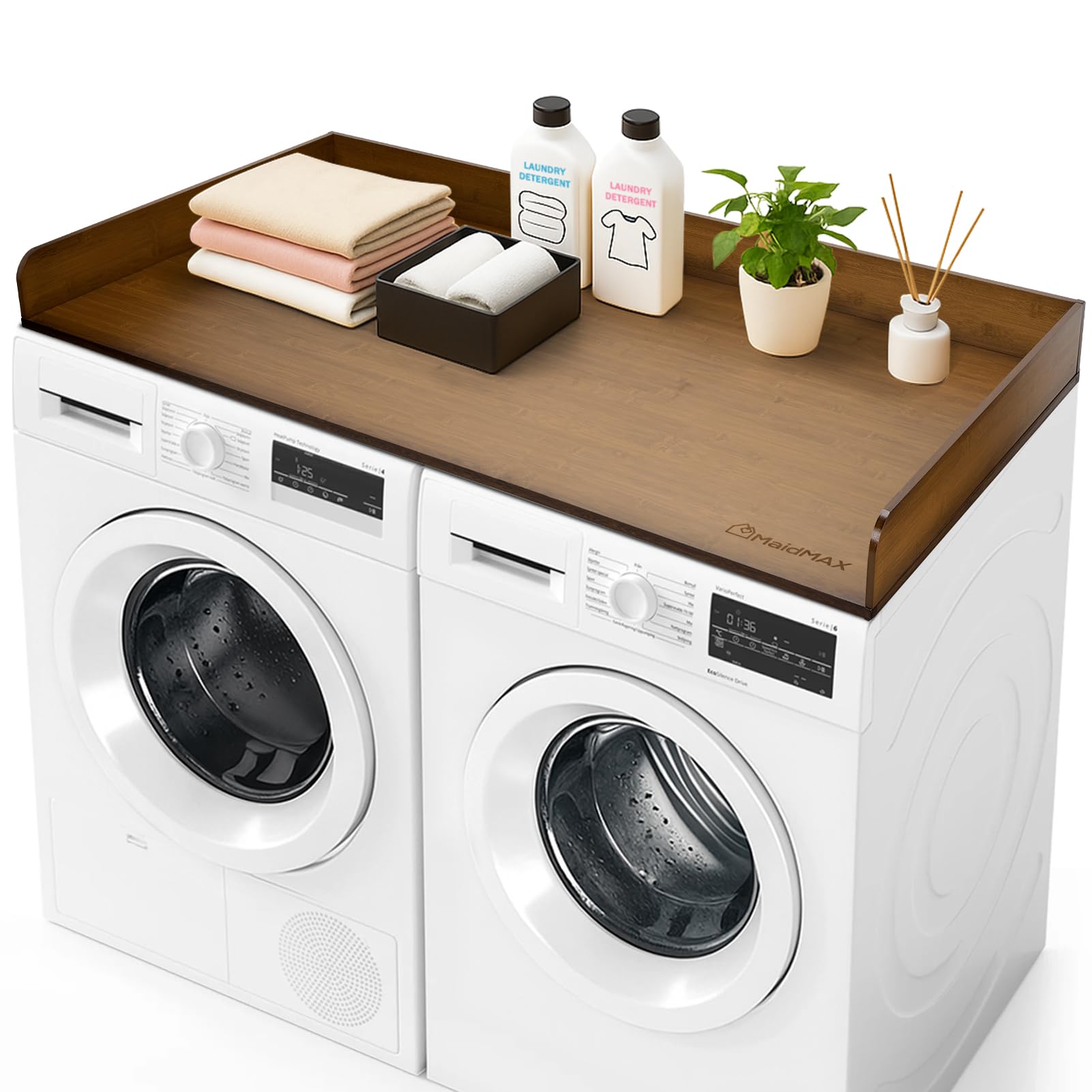 maidmax natural bamboo washer dryer countertop, 54" w x 27.5" d washer and dryer topper with edge, washer and dryer countertop with non-slip pads for laundry room organization, brown