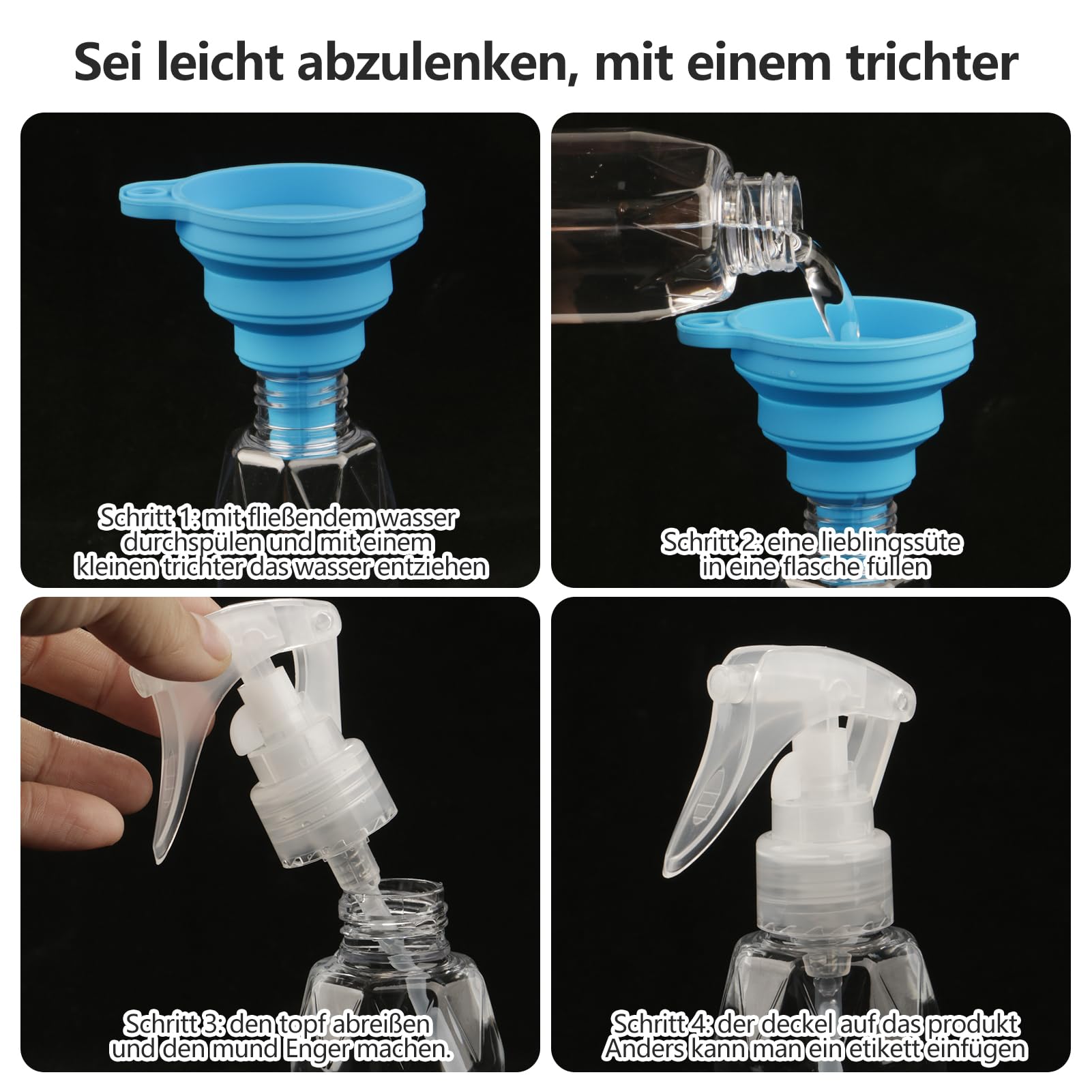 Lot de 5 Petits Flacons Pulvérisateurs avec Entonnoir Pliable en Silicone - 200 ml - En Plastique Transparent - Pour Cheveux, Nettoyage, Plantes, Cosmétiques