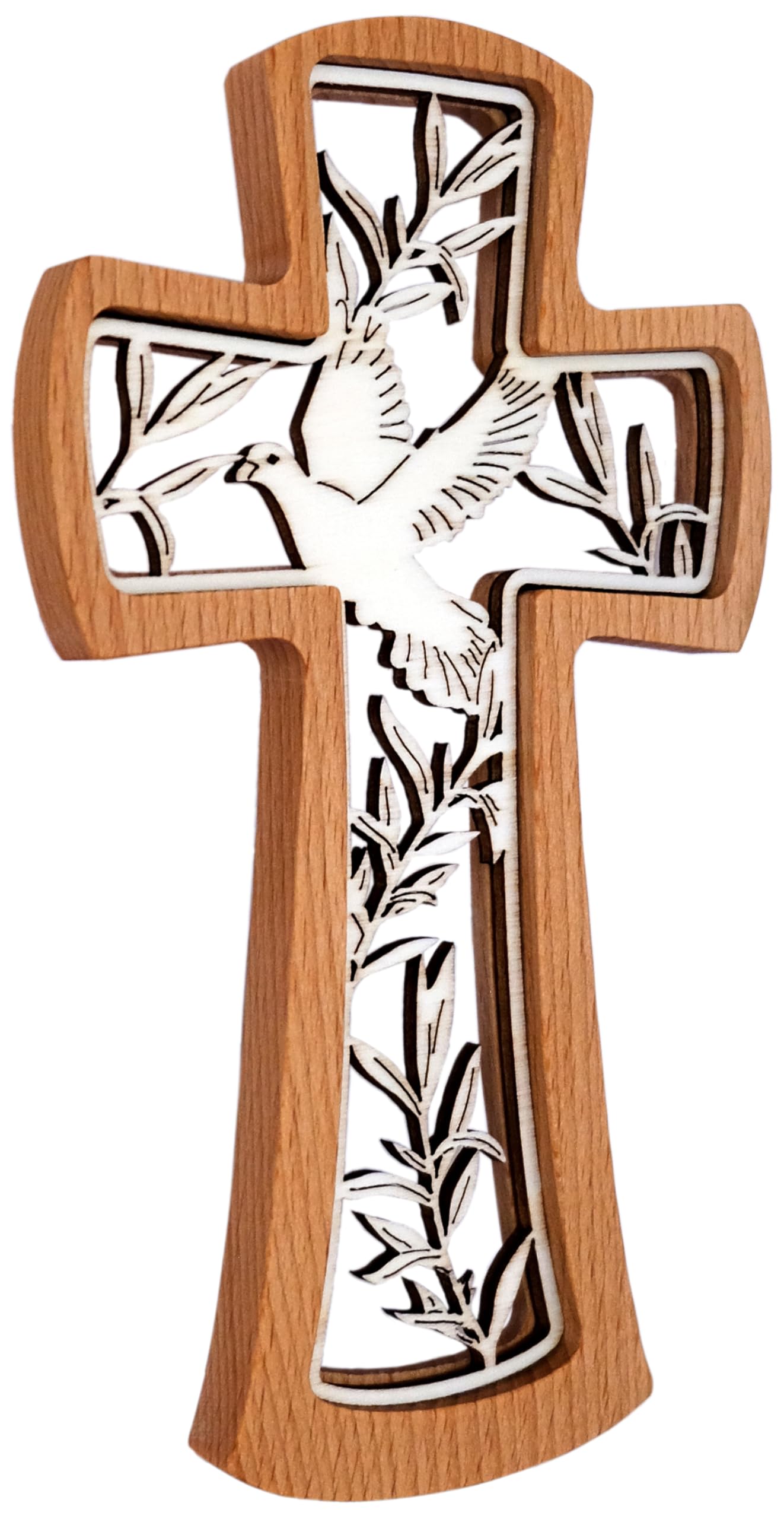 Kaltner Présente Croix murale en bois de hêtre véritable - Croix moderne avec colombe de la paix - 20 cm - Idée cadeau pour toutes les pièces