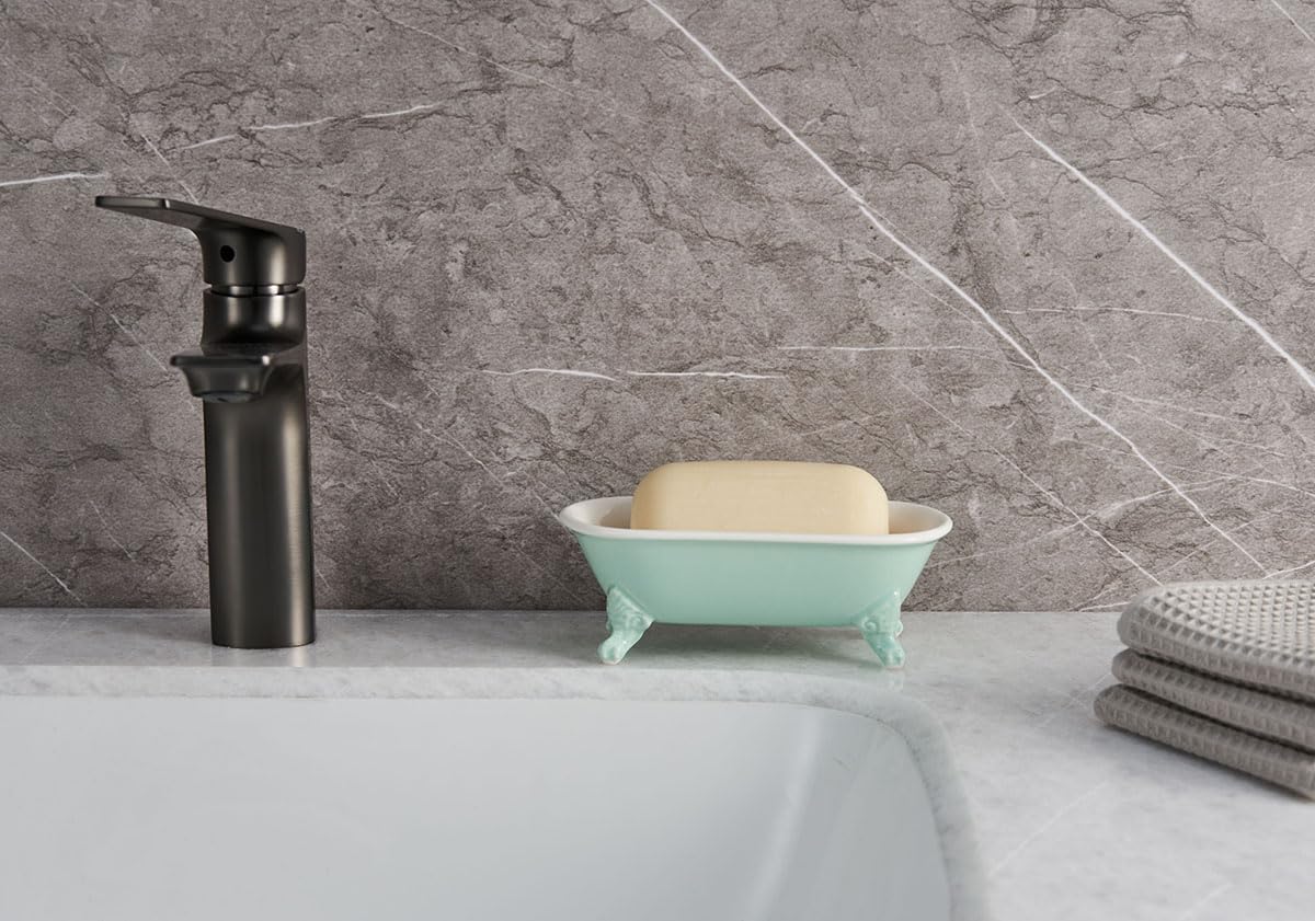 NEWHENGS 6.5" Ceramic Mini Decorative Clawfoot Bathtub Bar Soap Dish, Kitchen Sponge Holder and Shower Tray for Bathroom, 1 Pack(Bright Teal)