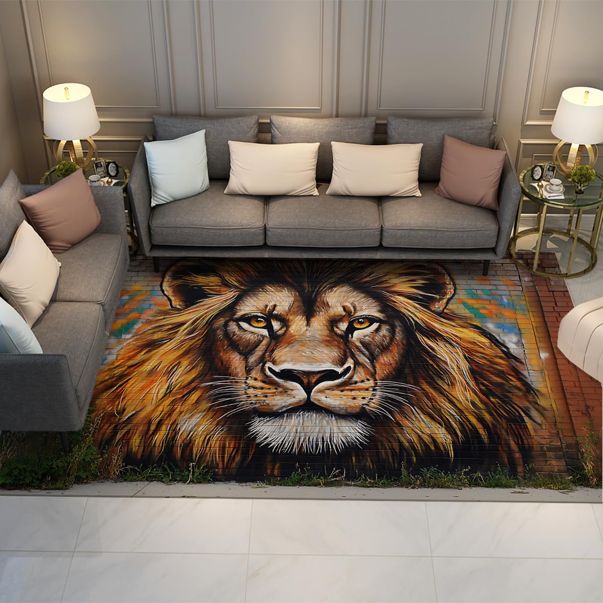 Tapis de chambre lion lavable pour créer un espace de jeu moderne et sécurisé