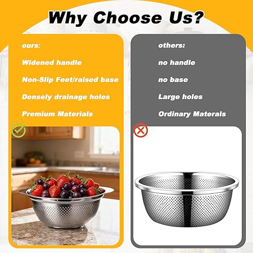 Miniatura 7 de 3 Pcs Stainless Steel Colander Strainer Set Metal Colander for Kitchen Pasta Strainer for Rice Food Fruits Spaghetti Vegetables (2QT, 3QT, 5QT)