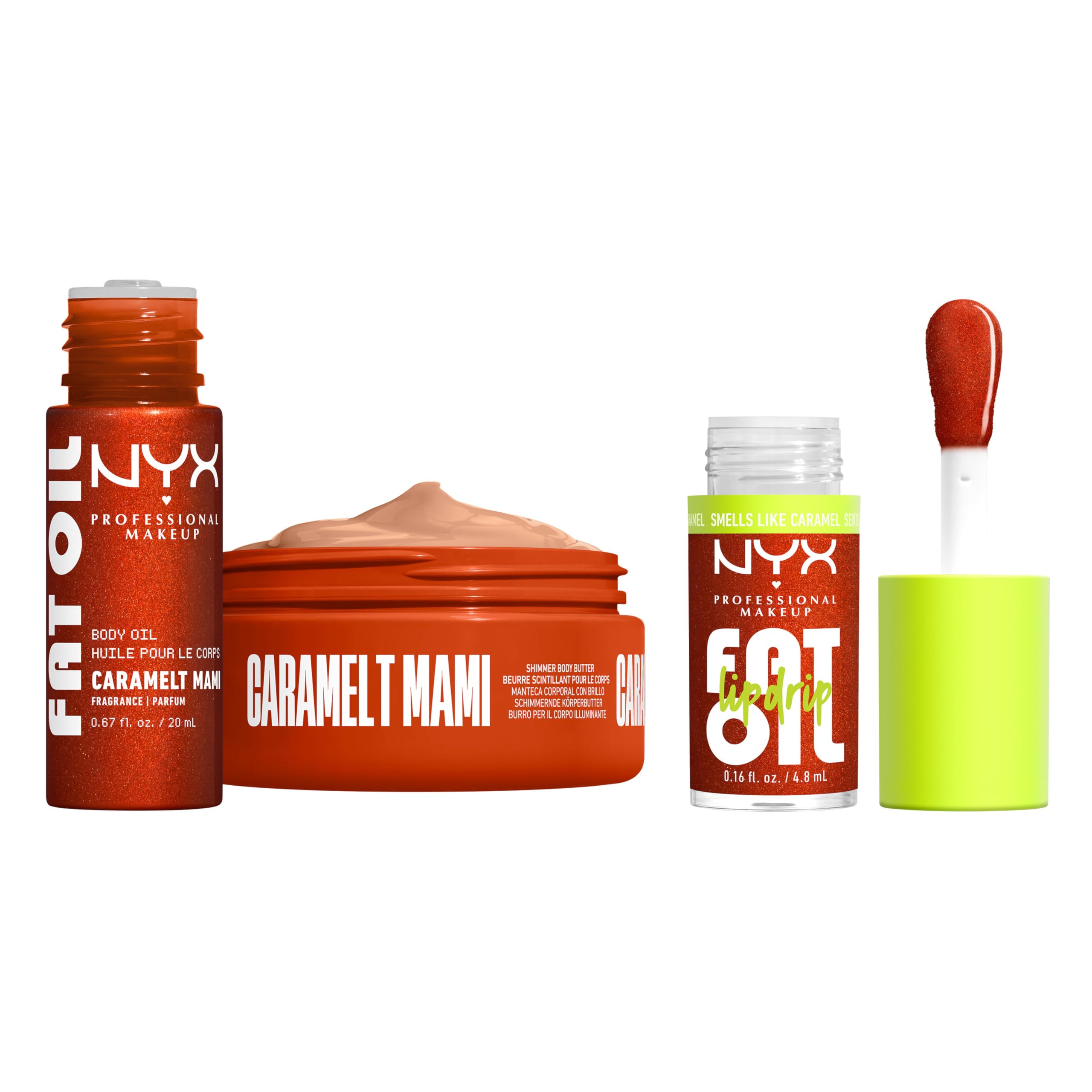 NYX Professional Makeup Fat Oil Lip & Body Kit, Travel-Friendly, Reusable-Pouch, Caramelt Mami | Set di cura vegano, olio corpo 20 ml + burro corpo 50 ml + Lip Drip, edizione limitata, olio grasso