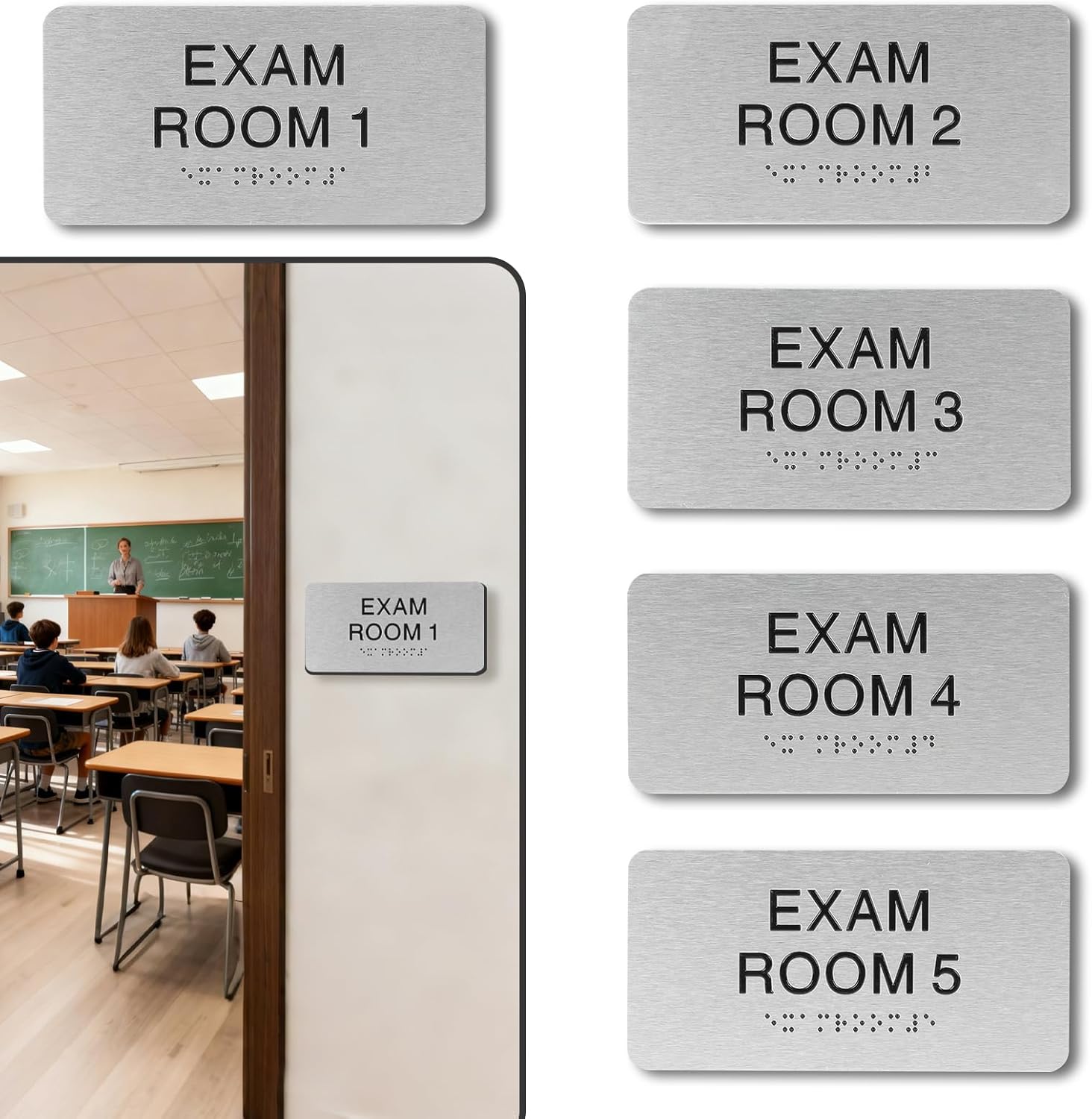Exam Room Signs 4" x 8" with Raised Text and Grade 2 Braille Fivepack with Numbers 1-5 Suitable for Exam Room Signs Office Educational Institution Testing Center Door Number Sign