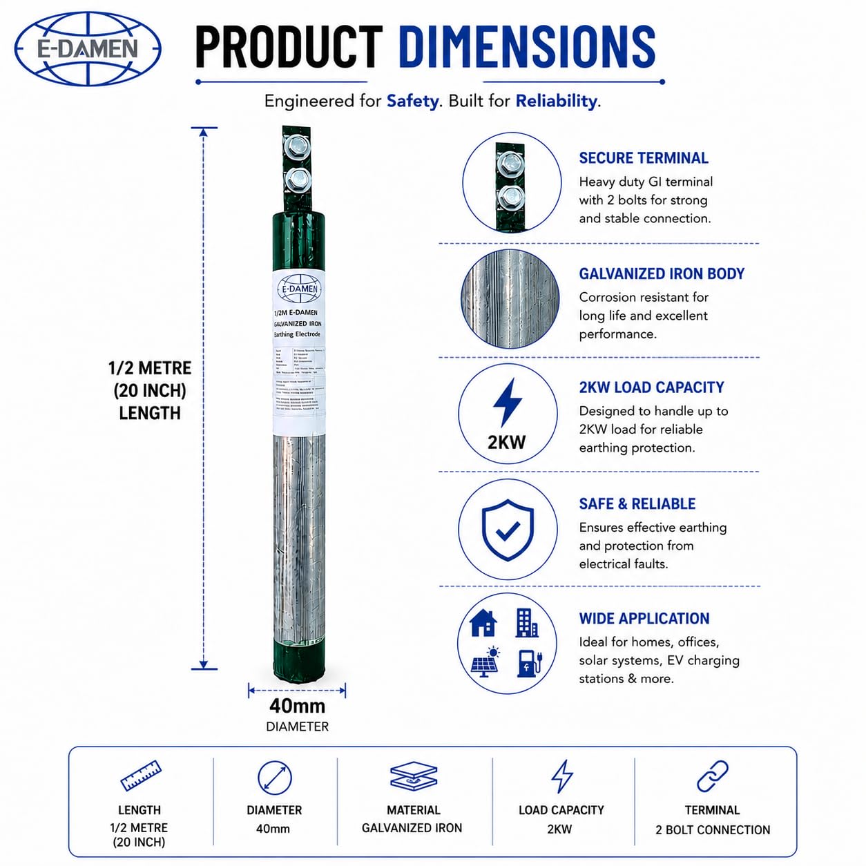 E-DAMEN 1/2 Metre GI Earthing Electrode 40mm Diameter | 2KW Load Capacity | 20 Inch Galvanized Iron Earthing Rod | Lightning Arrester for Home, Office, Solar Systems & EV Charging Stations 4