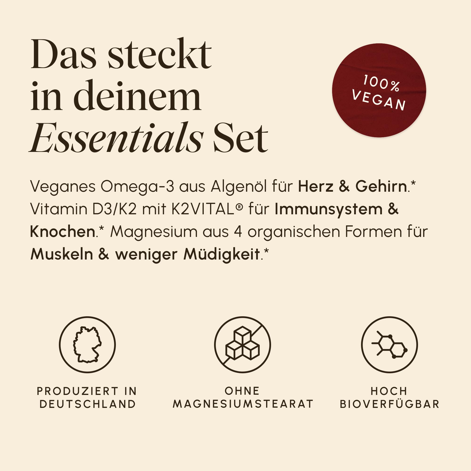 VETAIN Daily Essentials Set – Magnesium Komplex, Omega 3 Vegan & Vitamin D3 K2 Tropfen – hochdosiert & vegan – produziert in Deutschland - GRATIS Premium Tablettenbox