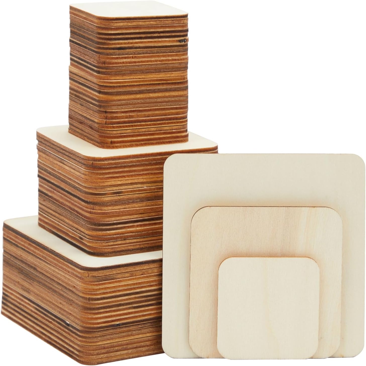 Bright Creations 70 Pack Unfinished Wood Squares for Crafts, Wood Burning, Engraving (3 Sizes, 2", 3", 4") - Wooden Pieces for Crafts