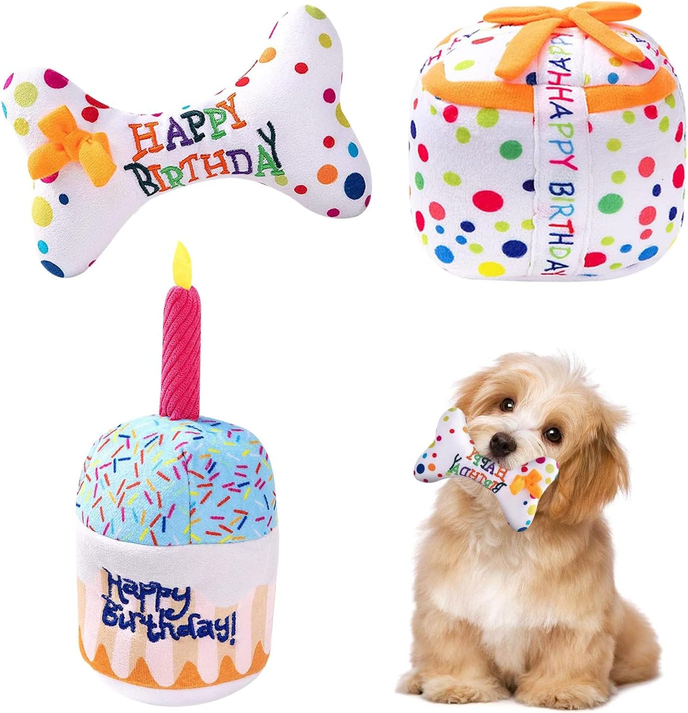 3Pcs Birthday Gifts for Dogs, Squeaky Plush Pet Toys, Puppy Party Gifts With Birthday Theme