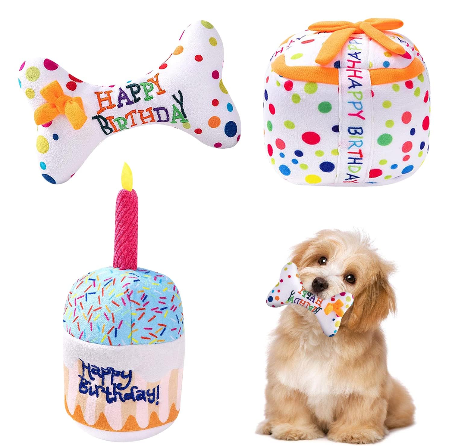 Parlberd 3Pcs Birthday Gifts for Dogs, Squeaky Plush Pet Toys, Puppy Party Gifts With Birthday Theme