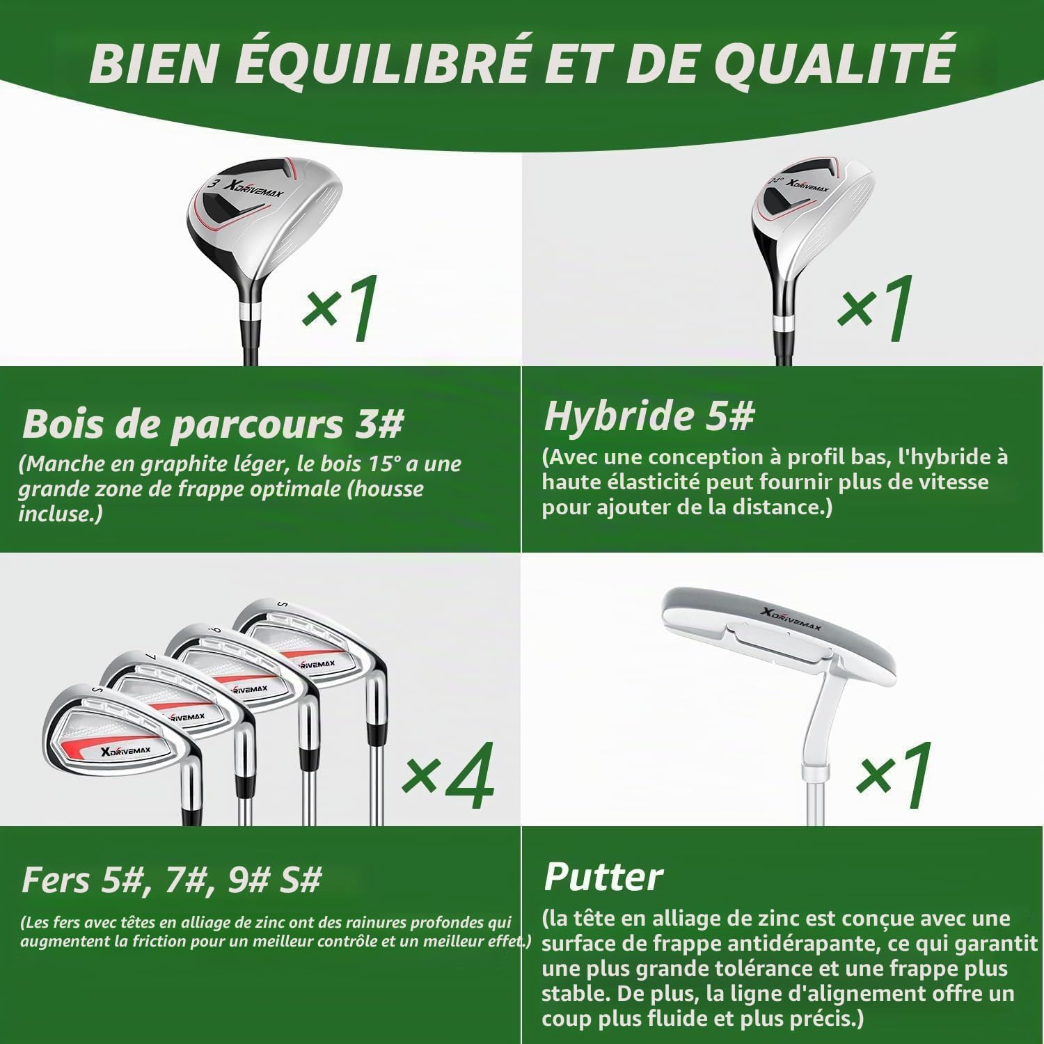 XDriveMax Ensemble complet de 8 clubs de golf pour homme droitier/gauche pour homme et femme avec sac de support avec capuche de pluie, bois de parcours 3# avec couvre-tête, 5# hybride, 5#, 7#, 9# S#