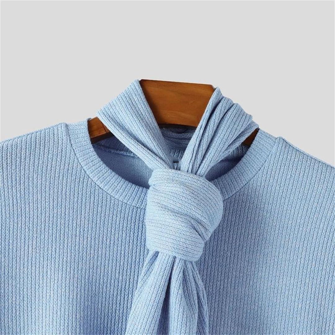 Men Winter Solid Color Round Neck Long Sleeve Knitted Shirt with Tie Detail Loose Casual Top