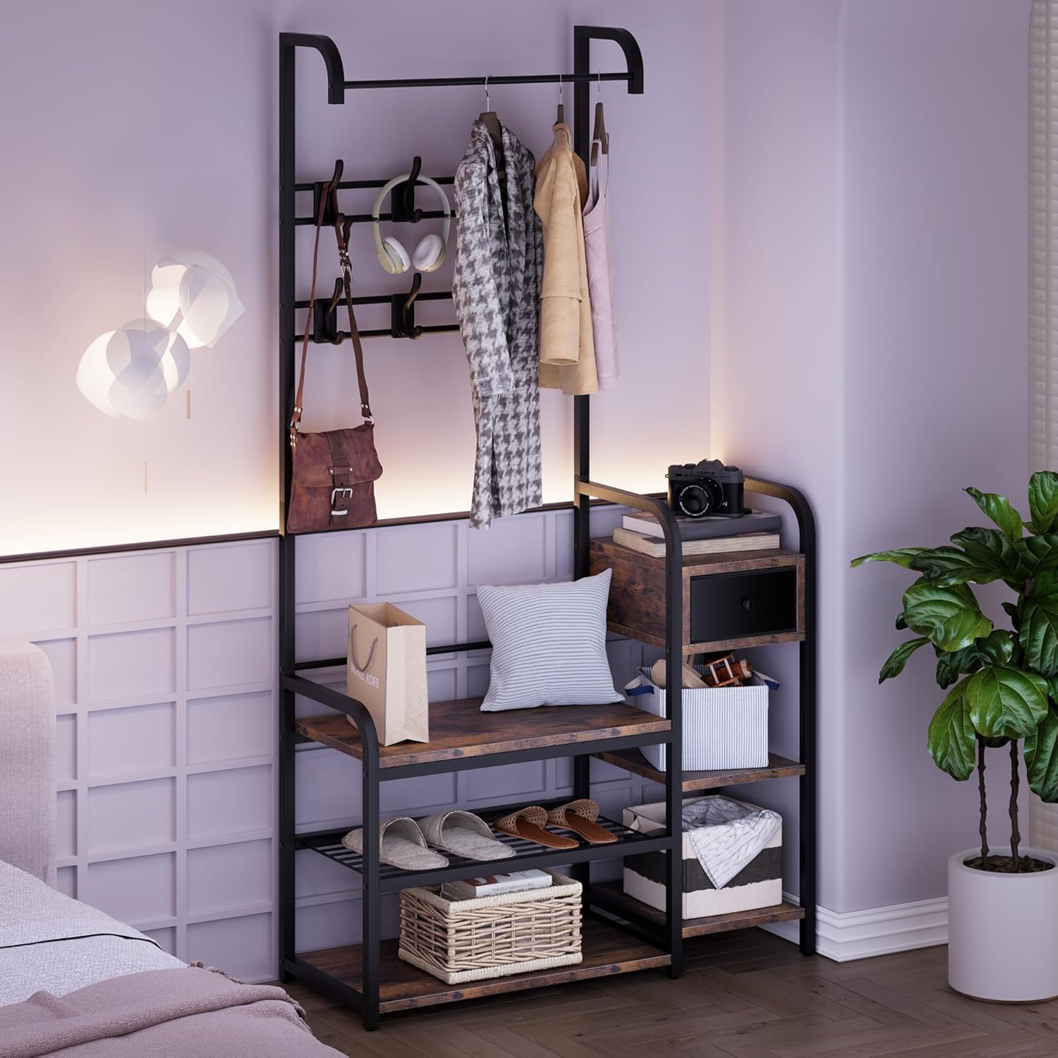 Garvee Banco zapatero 5 en 1 para recibidor, con 8 ganchos resistentes, estilo industrial con cajón, perchero para apartamento y dormitorio, color marrón