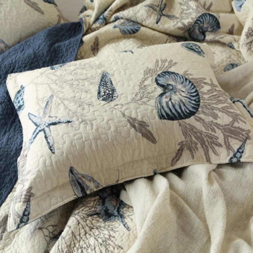 ABREEZE Coastal Beach Theme Quilt Set with Shams Queen Nautical Coverlet Cotton Bedspread Ocean Bedding Set Sea Shell Conch Coral Starfish Comforter Set Beige,Full/Queen，3 Pieces