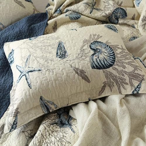 Miniatura 8 de ABREEZE Juego de ropa de cama con temática de playa costera, tamaño Queen, colcha reversible de algodón con diseño de conchas y conchas de mar,