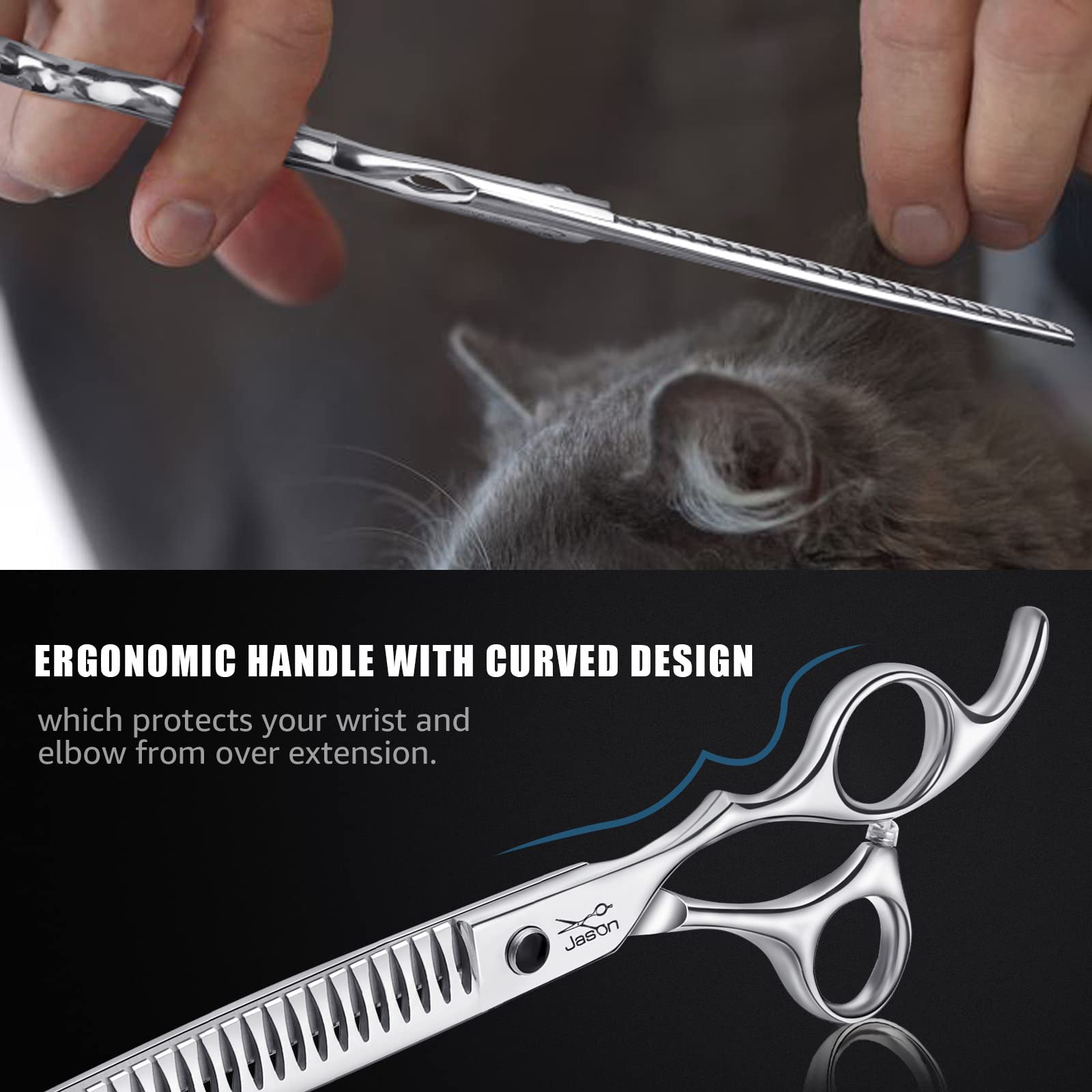 JASON 7\ Ergonomic Curved Dog Scissors - Purple 440C Stainless Steel Grooming Scissors (28-Teeth, Down-Curved JASON 7\ Ergonomic Curved Dog Scissors - Purple 440C Stainless Steel Grooming Scissors (28-Teeth, Down-Curved