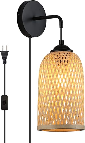 Miniatura 3 de Moderna lámpara de pared de bambú enchufable con interruptor, pantalla de ratán para colgar en la pared, apliques de pared colgantes de mimbre para