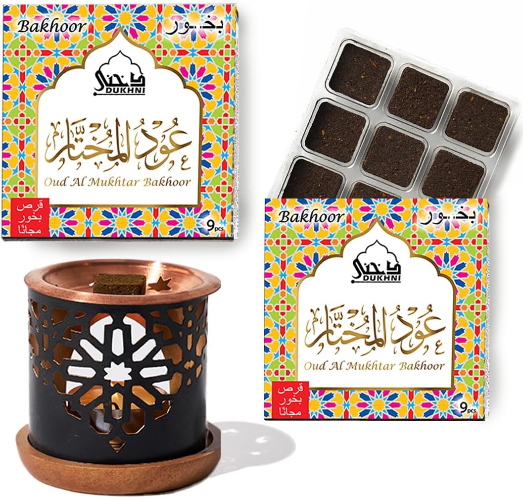 Oud Al Mukhtar Bakhoor Set عود بخور و مبخرشمعدان by Dukhni | 2 x 9 Piece Each & Oriental Bakhoor Burner | Arabic Bakhoor Incense | Floral Woody Oud Blend | Perfect for Prayer Time