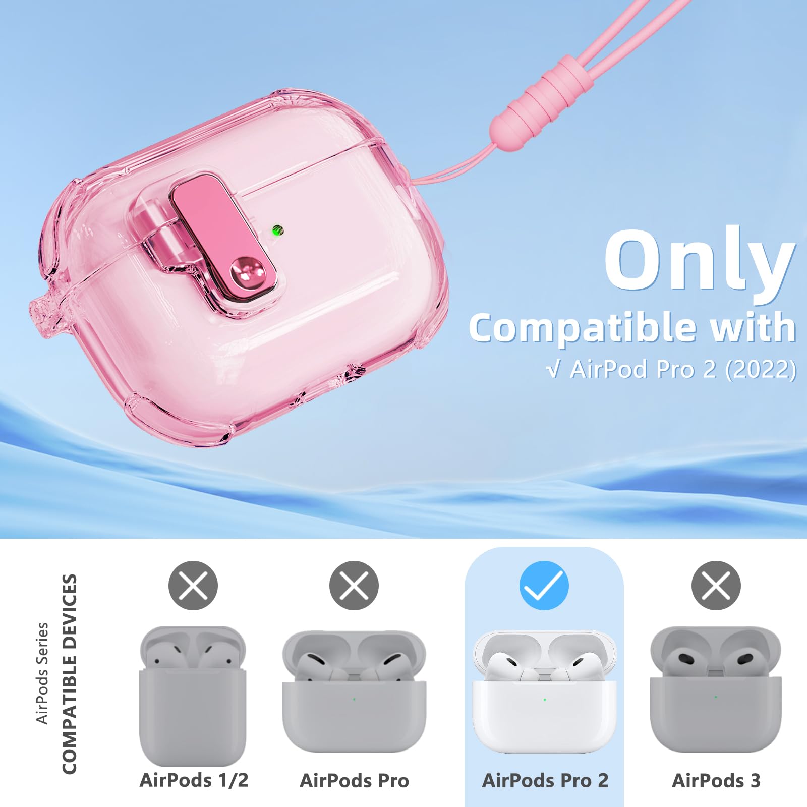 Compatible with AirPods Pro 2nd/1st Generation Case Cover with Cleaner kit,Soft TPU Clear Case with Safety Lock,Auto Pop-Up Lid Design for iPod Pro Charging Case(USB-C) (2023/2022/2019)-Pink