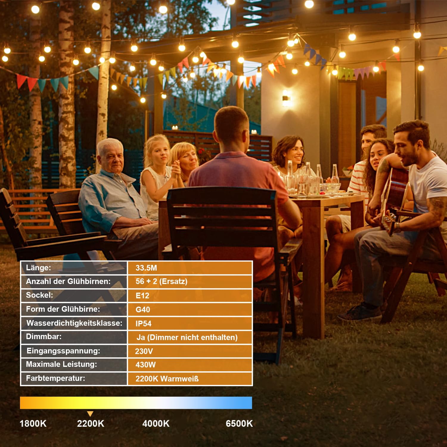 LED Lichterkette Außen Strom 33.5m - Outdoor Lichterketten 110FT mit Aussen Wetterfest 50+2 G40 Glühbirne Warmweiß Aussenlichterkette für Balkon Garten Pavillon Terrasse Vorzelt Hochzeit Party